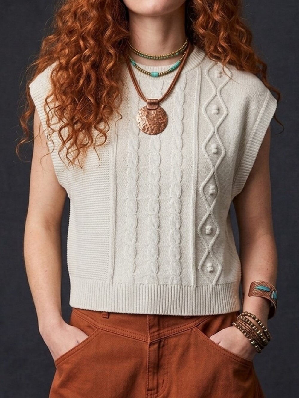 Frye and Co Chunky Knit Sweater Vest Cotton Blend Cream XL Diamond Bobble Knit